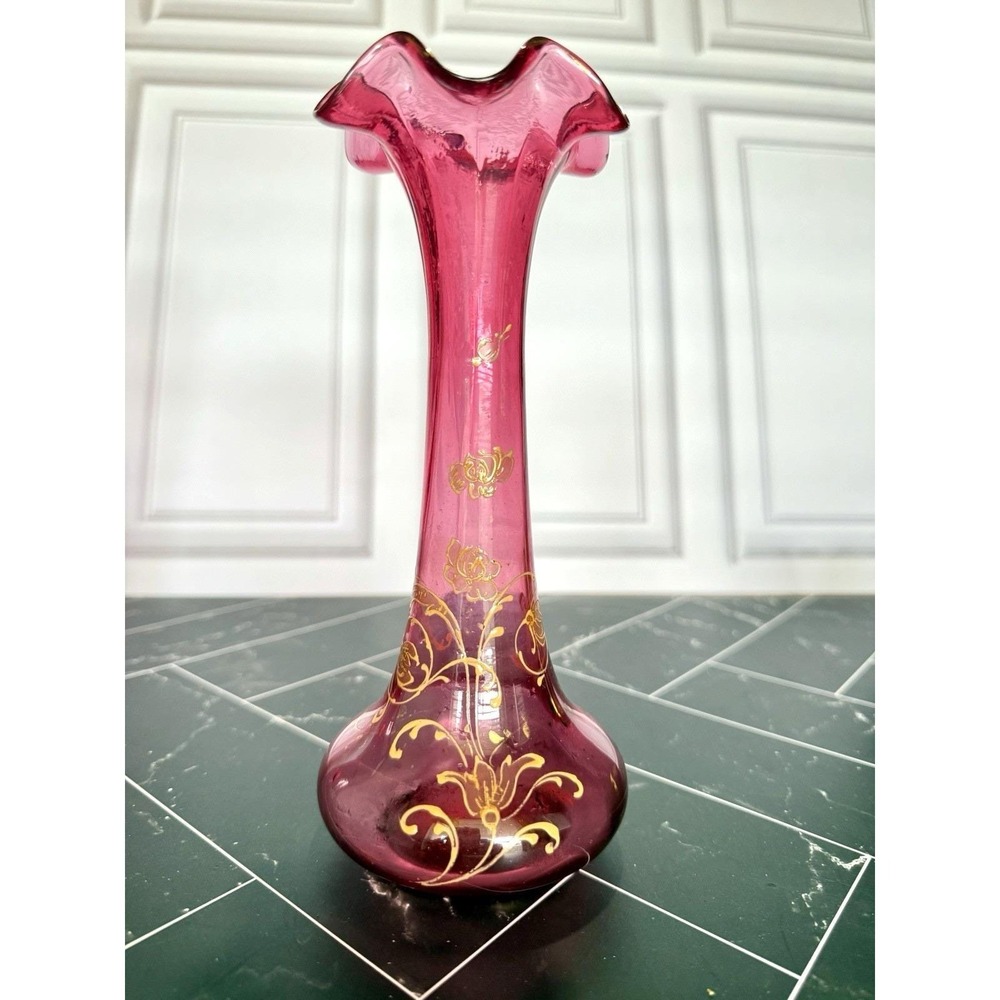 Antique Moser Style Cranberry Glass Vase Bohemian Gold Gilt Floral Ruffled Rim